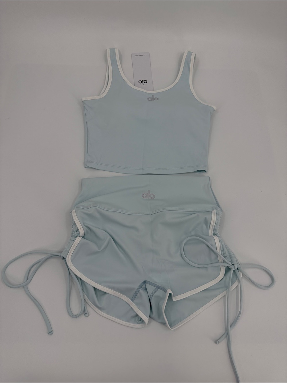 ALO Yoga Pale Blue Tank Top & Drawstring Shorts Set